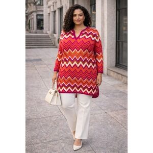 Jones New York chevron stripe tunic sweater in orange,‎ pink, and White -Size XL